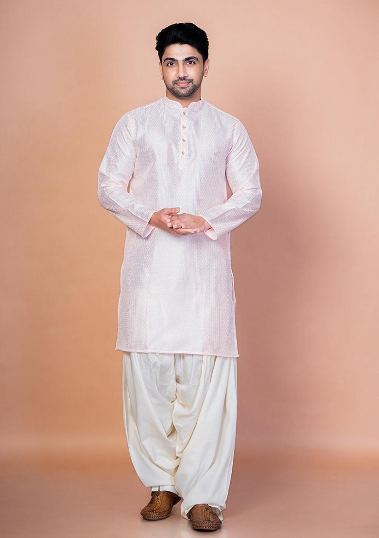 Peach Embroidery Bangalorian Silk Kurta For Men