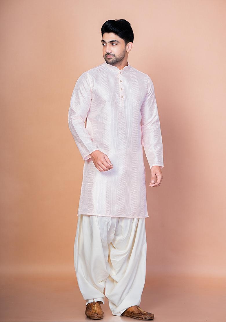 Peach Embroidery Bangalorian Silk Kurta For Men