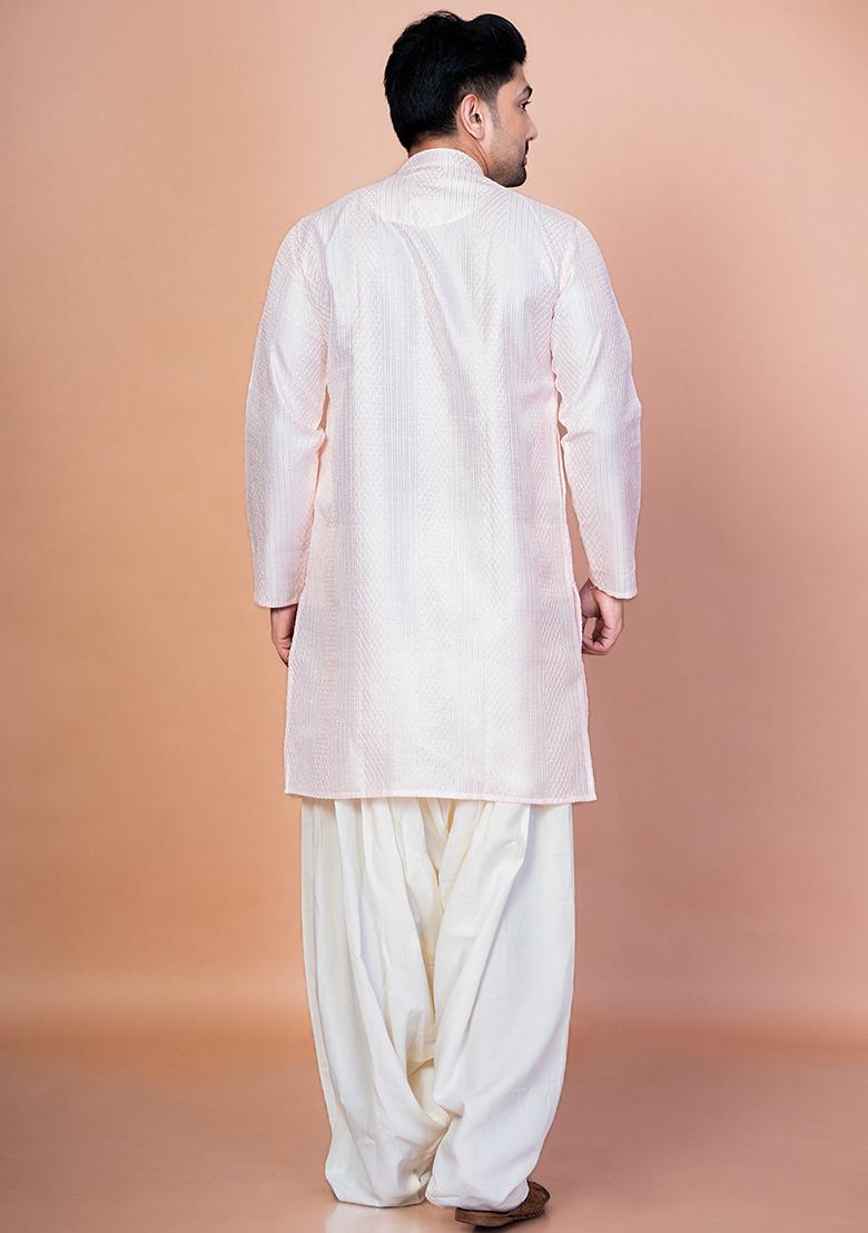 Peach Embroidery Bangalorian Silk Kurta For Men