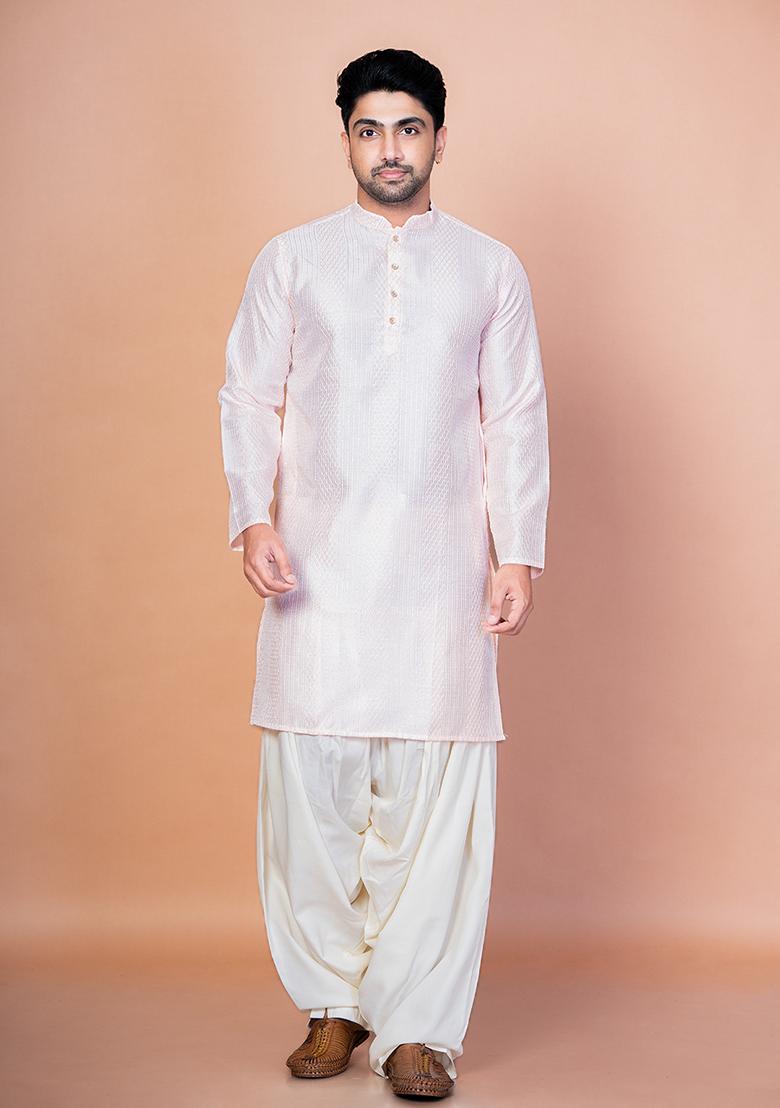 Peach Embroidery Bangalorian Silk Kurta For Men