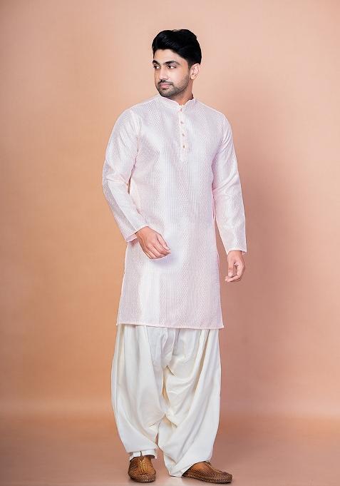 Peach Embroidery Bangalorian Silk Kurta For Men