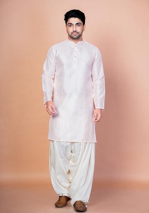 Peach Embroidery Bangalorian Silk Kurta For Men