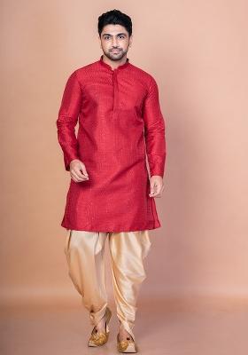 Red Embroidery Bangalorian Silk Kurta For Men