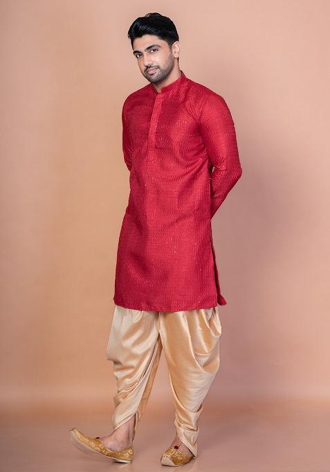 Red Embroidery Bangalorian Silk Kurta For Men