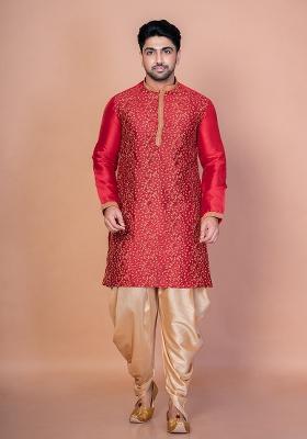 Red Embroidery Banarasi Silk Kurta For Men