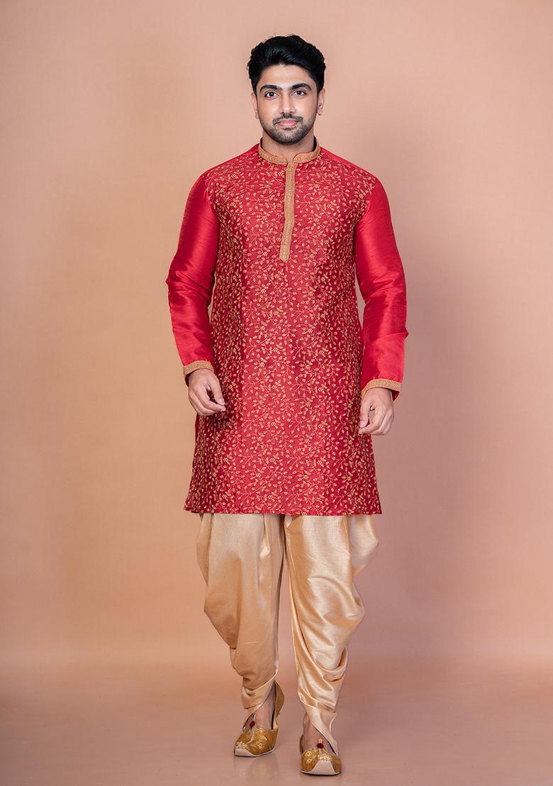 Red Embroidery Banarasi Silk Kurta For Men