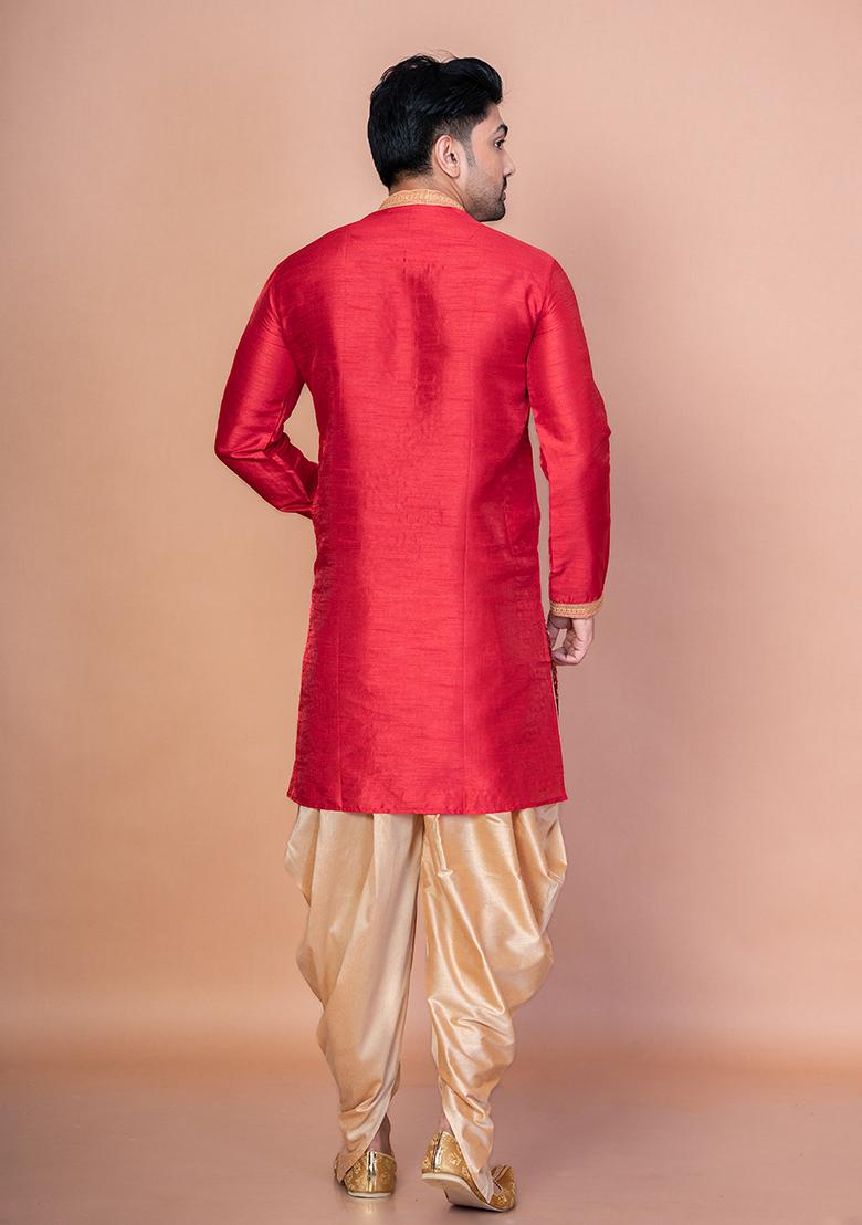 Red Embroidery Banarasi Silk Kurta For Men