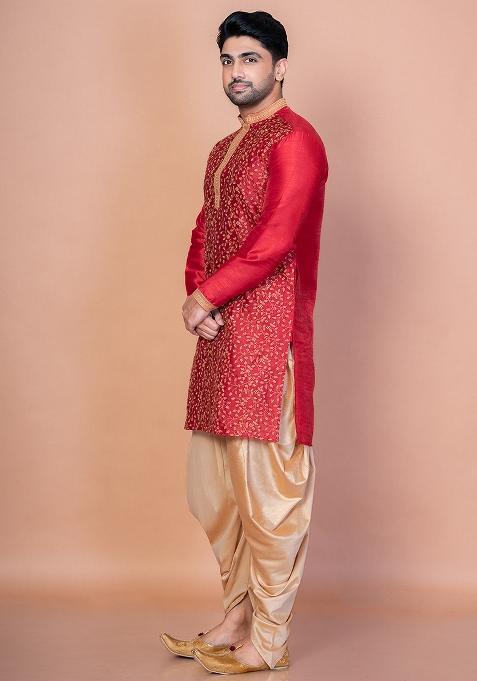 Red Embroidery Banarasi Silk Kurta For Men