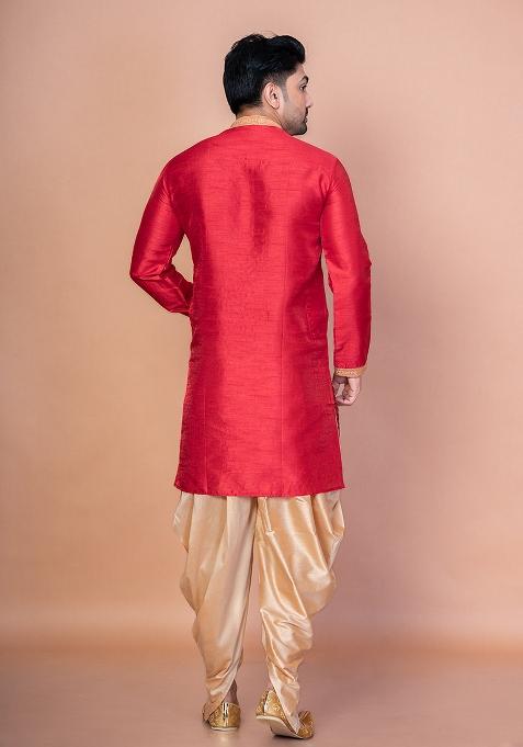 Red Embroidery Banarasi Silk Kurta For Men