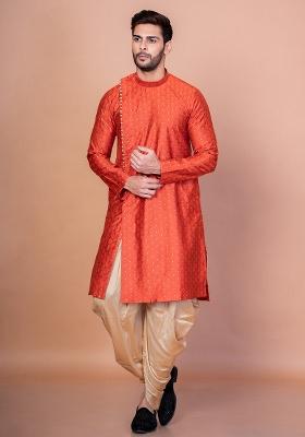 Orange Printed Banarasi Silk Kurta For Men