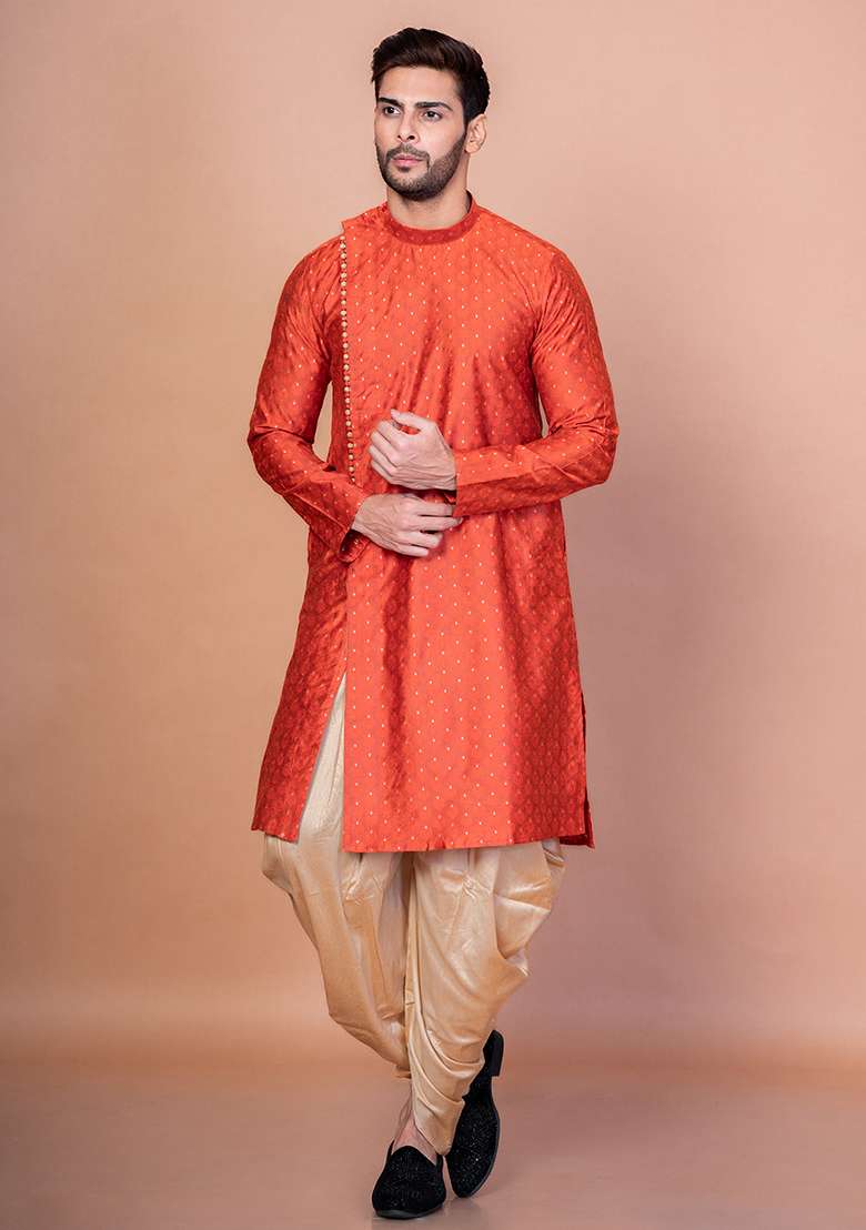 Orange Printed Banarasi Silk Kurta For Men - Indya