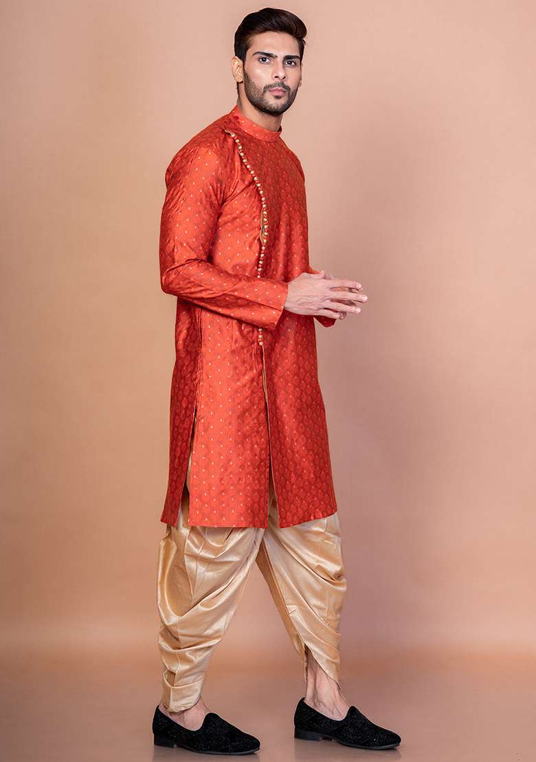 Orange Printed Banarasi Silk Kurta For Men - Indya