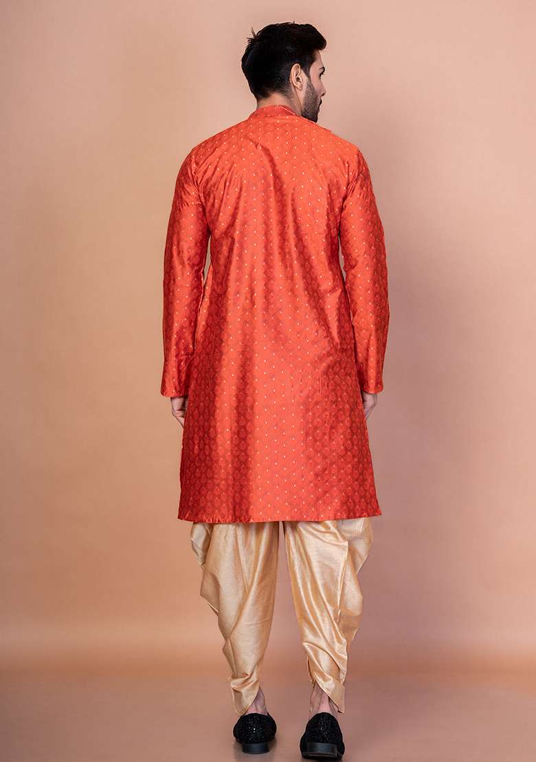 Orange Printed Banarasi Silk Kurta For Men - Indya