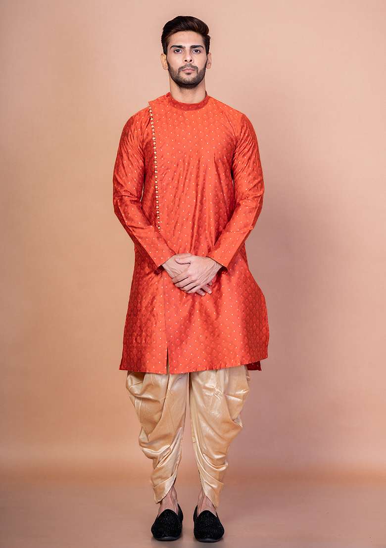 Orange Printed Banarasi Silk Kurta For Men - Indya