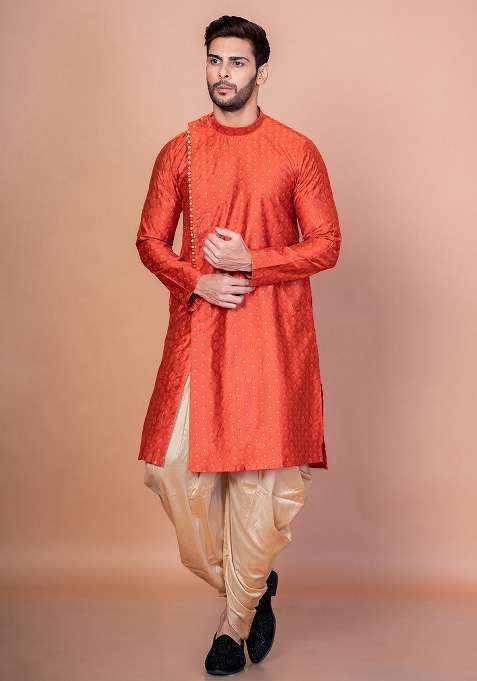 Orange Printed Banarasi Silk Kurta For Men