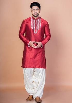 Red Embellished Cotton Blend Kurta For Men