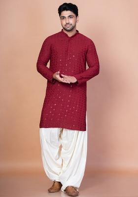 Red Embroidery Cotton Blend Kurta For Men