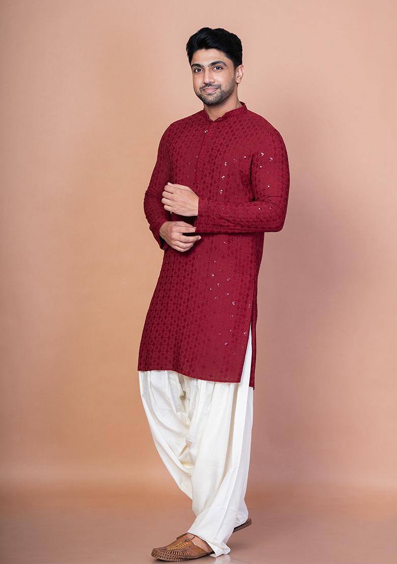 Red Embroidery Cotton Blend Kurta For Men