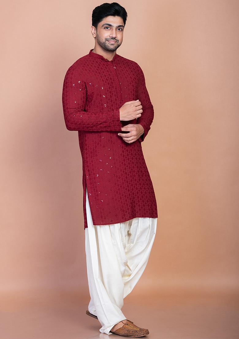 Red Embroidery Cotton Blend Kurta For Men