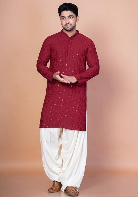 Red Embroidery Cotton Blend Kurta For Men