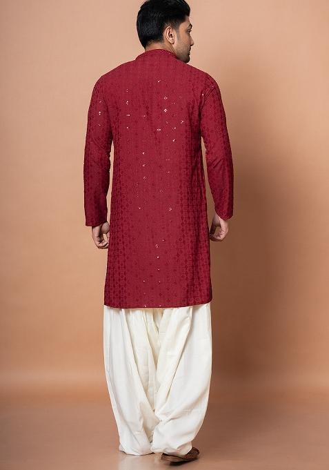 Red Embroidery Cotton Blend Kurta For Men
