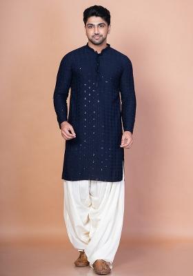 Navy Blue Embroidery Cotton Blend Kurta For Men