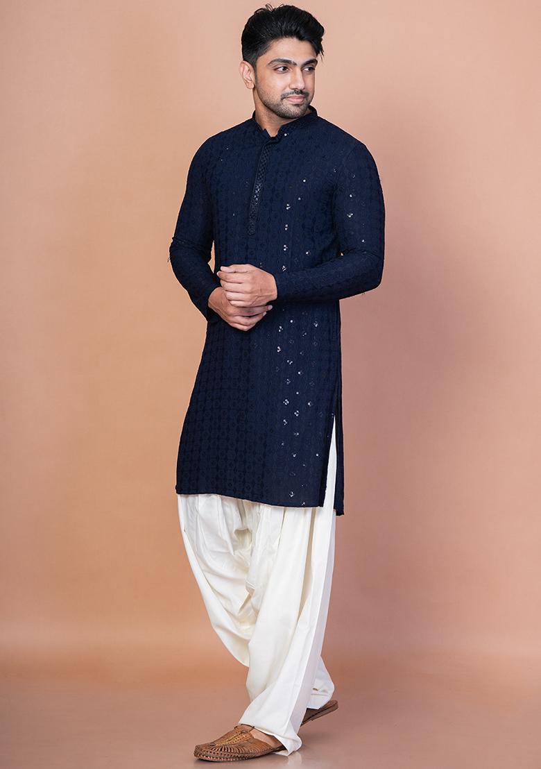 Navy Blue Embroidery Cotton Blend Kurta For Men