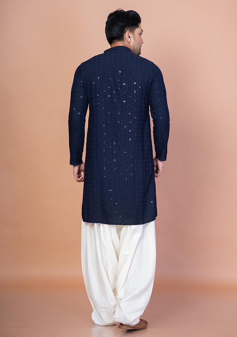 Navy Blue Embroidery Cotton Blend Kurta For Men