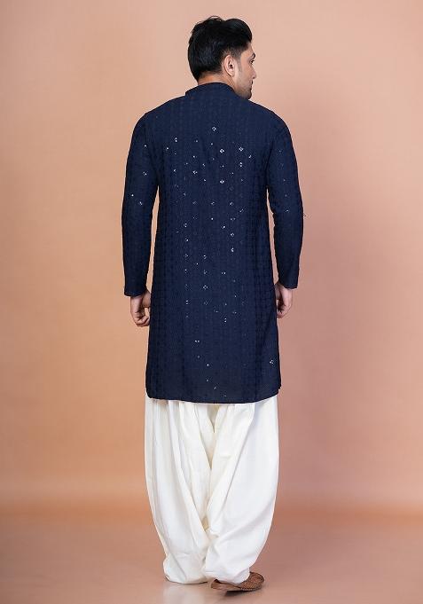 Navy Blue Embroidery Cotton Blend Kurta For Men