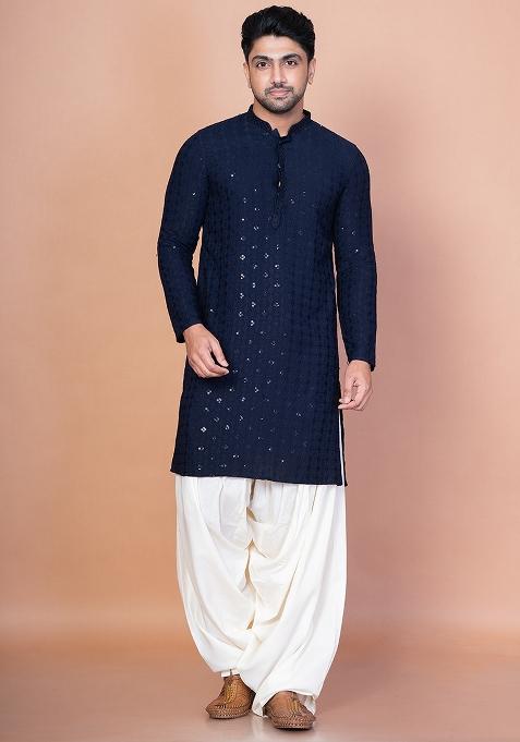 Navy Blue Embroidery Cotton Blend Kurta For Men
