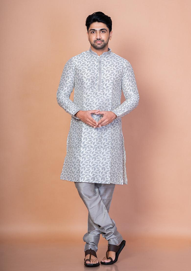 Grey Solid Banarasi Silk Kurta For Men
