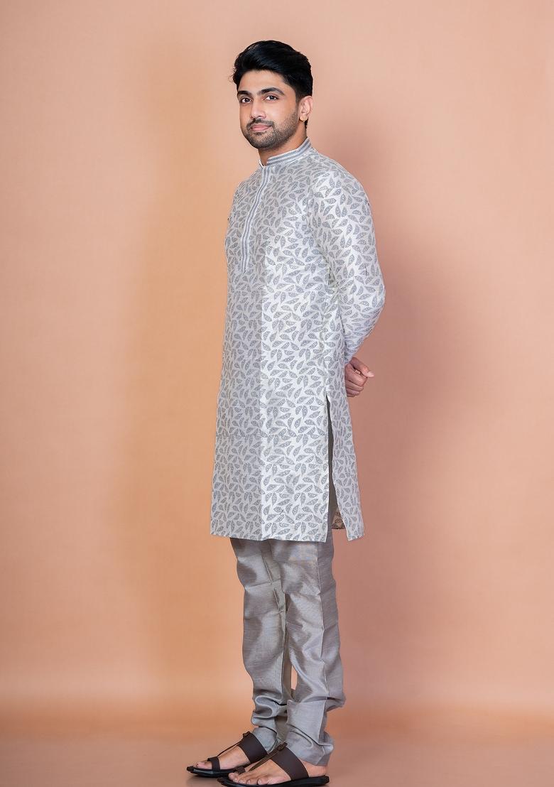 Grey Solid Banarasi Silk Kurta For Men