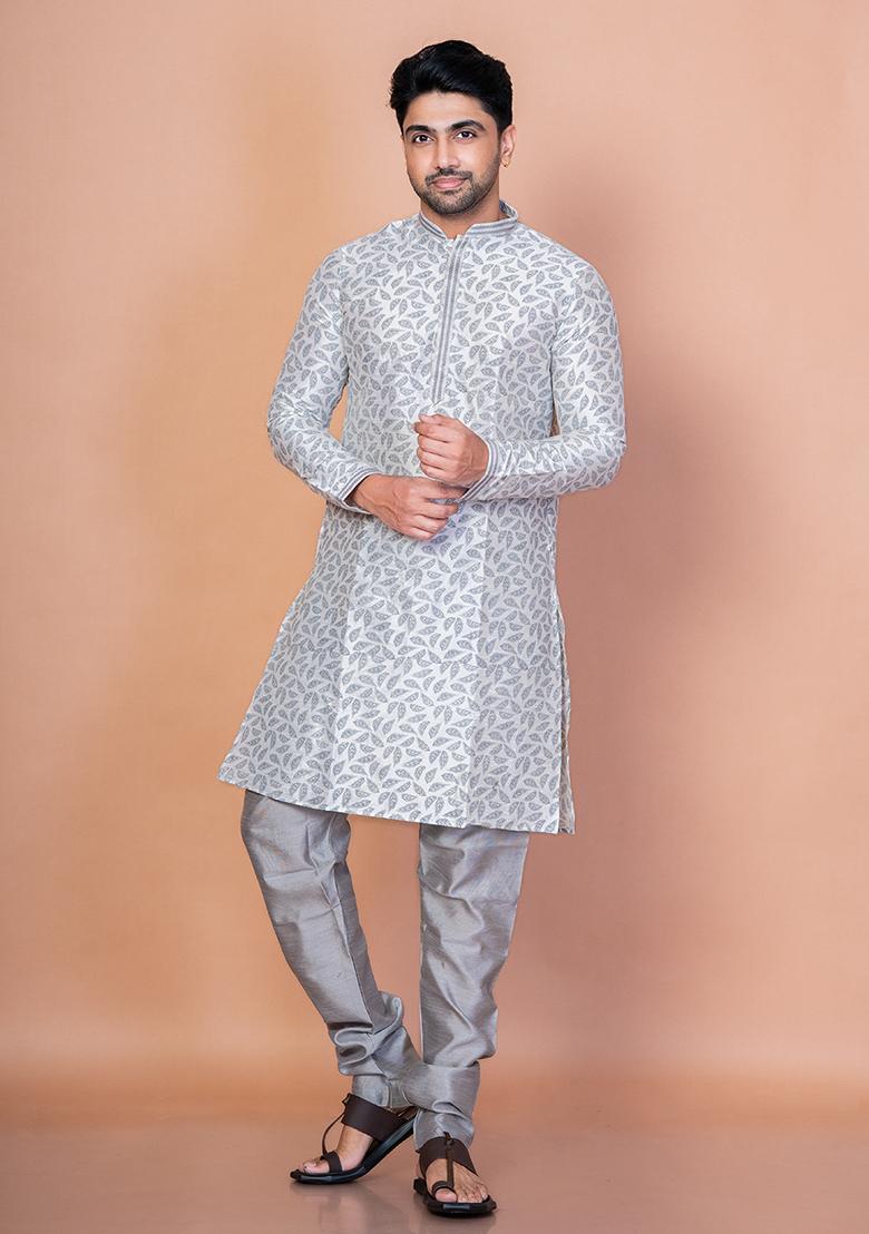 Grey Solid Banarasi Silk Kurta For Men