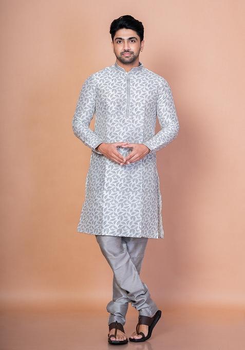 Grey Solid Banarasi Silk Kurta For Men