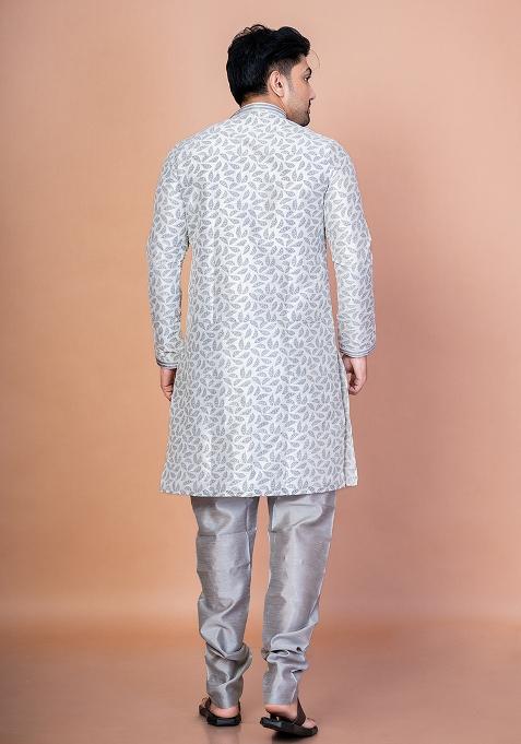 Grey Solid Banarasi Silk Kurta For Men