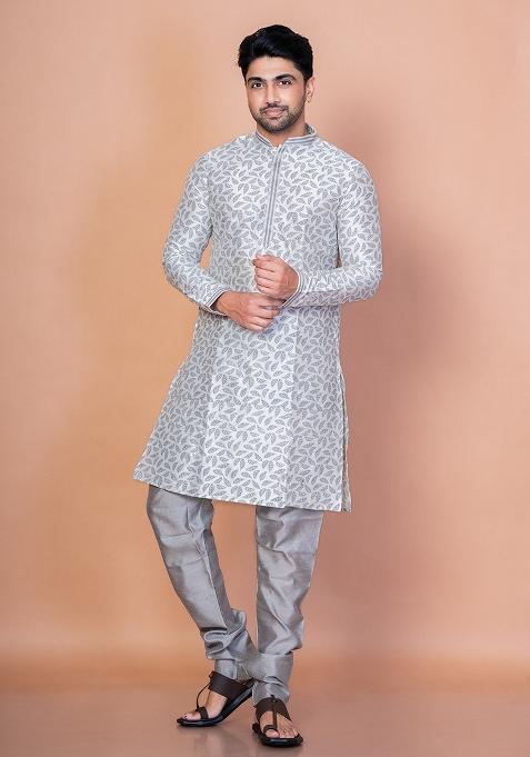 Grey Solid Banarasi Silk Kurta For Men