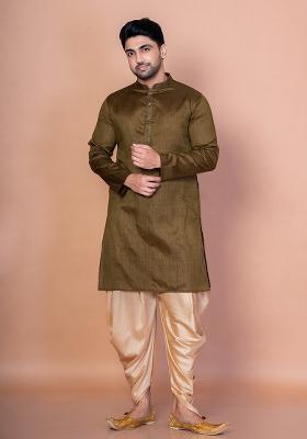 Olive Solid Banarasi Silk Kurta For Men