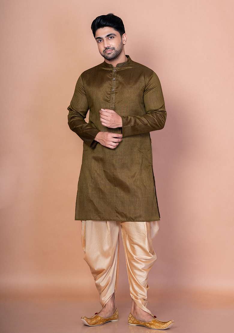 Olive Solid Banarasi Silk Kurta For Men - Indya