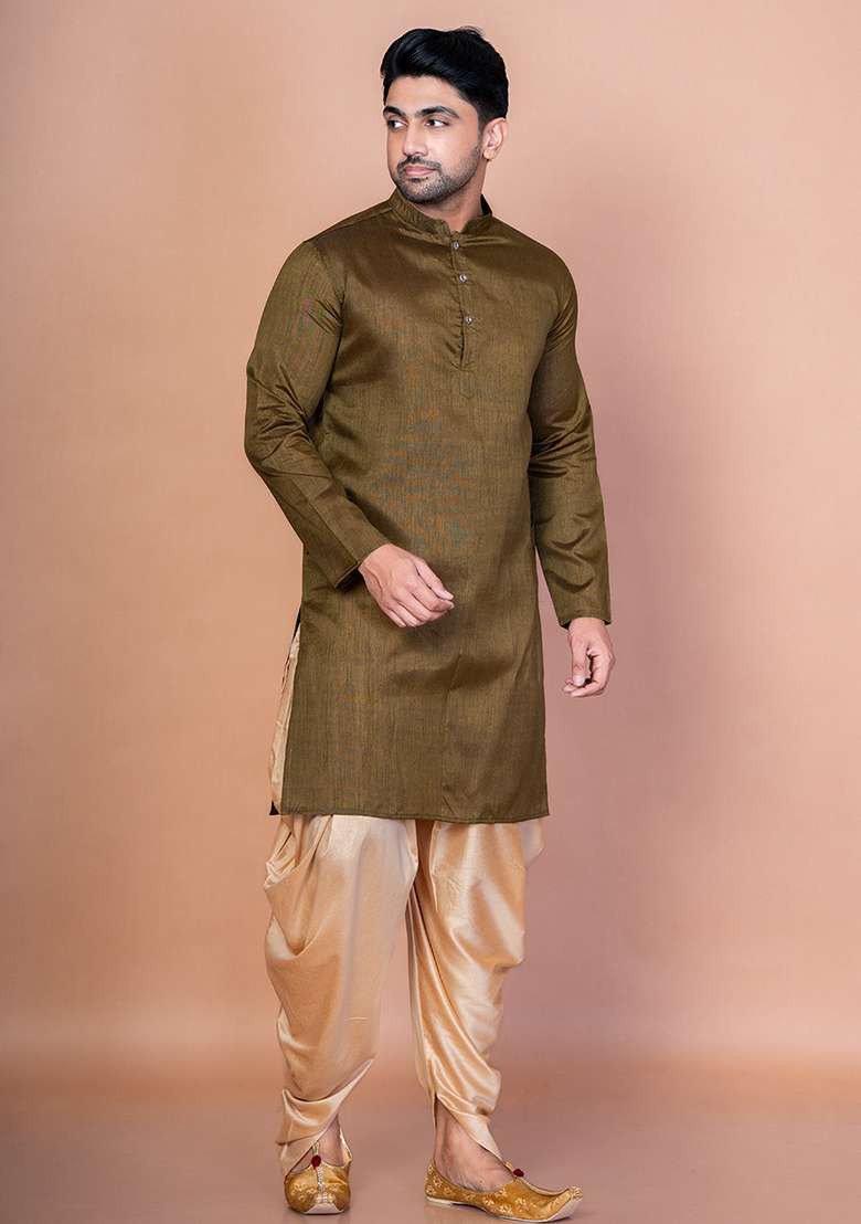 Olive Solid Banarasi Silk Kurta For Men - Indya