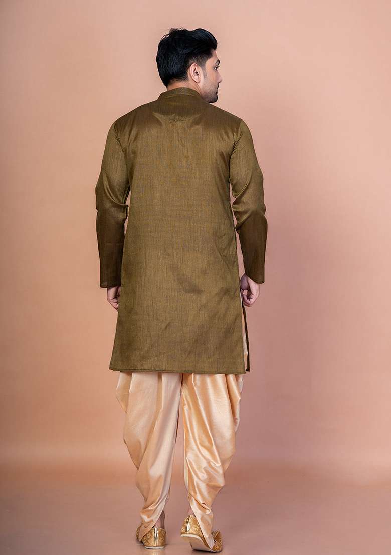 Olive Solid Banarasi Silk Kurta For Men - Indya