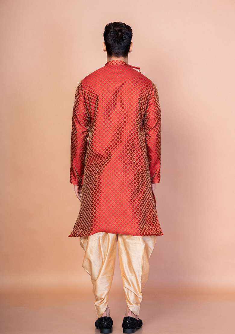 Red Printed Banarasi Silk Kurta For Men - Indya