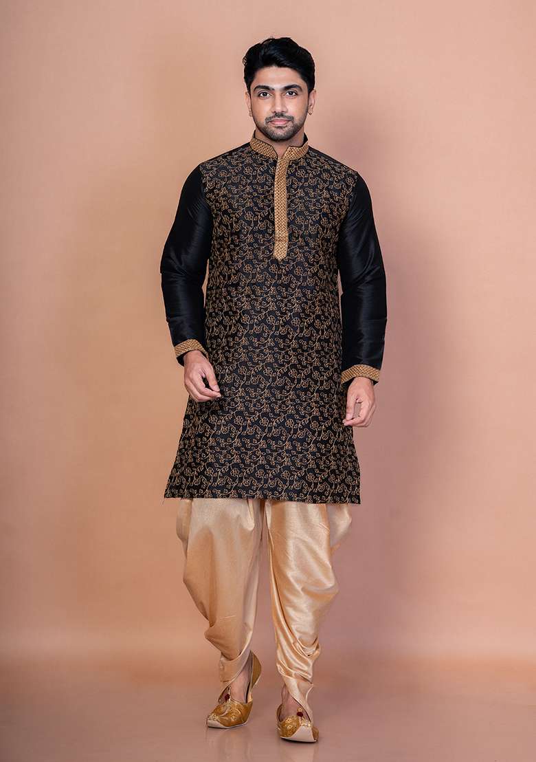 Black Embroidery Banarasi Silk Kurta For Men - Indya