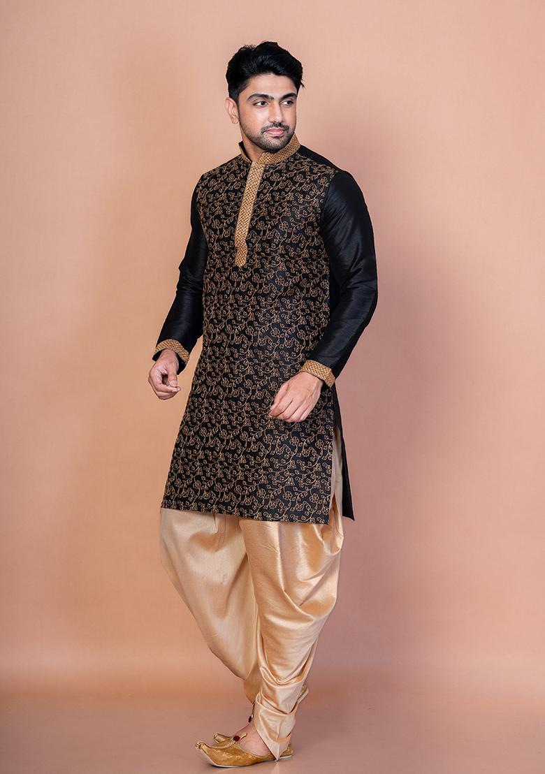 Black Embroidery Banarasi Silk Kurta For Men - Indya