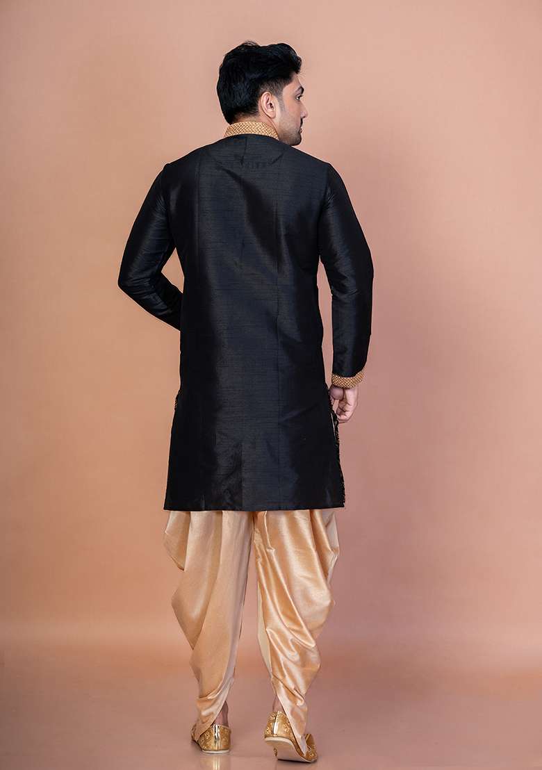 Black Embroidery Banarasi Silk Kurta For Men - Indya