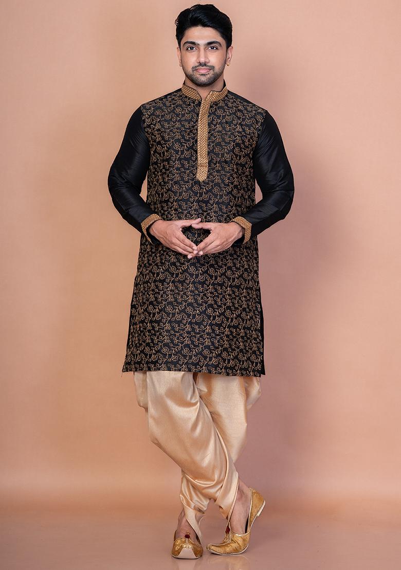 Black Embroidery Banarasi Silk Kurta For Men - Indya