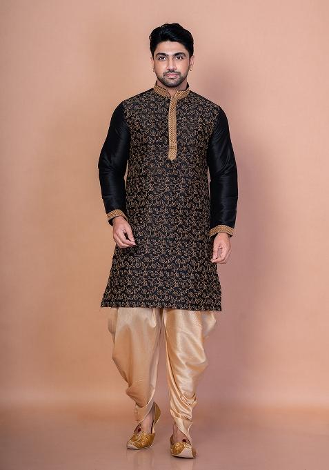 Black Embroidery Banarasi Silk Kurta For Men
