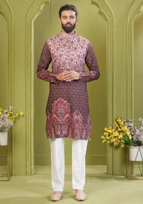 Wine Embroidered Rayon Kurta With Pyjama For Men