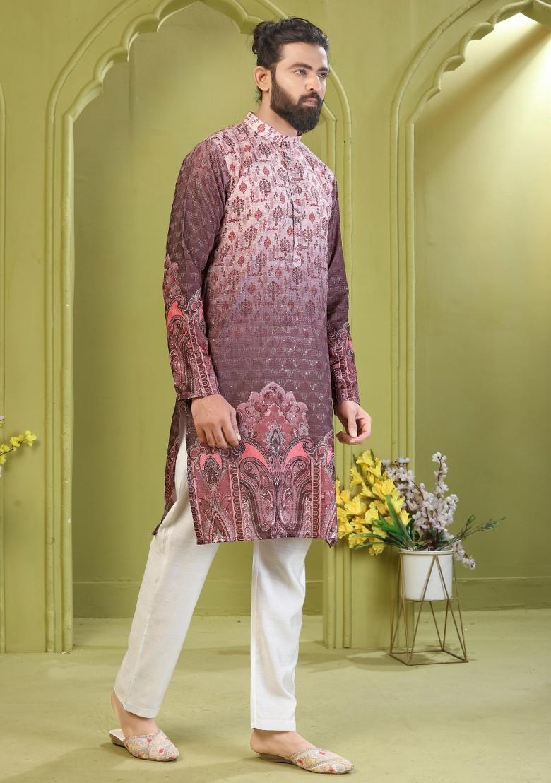 Wine Embroidered Rayon Kurta With Pyjama For Men - Indya