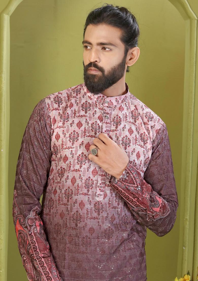Wine Embroidered Rayon Kurta With Pyjama For Men - Indya