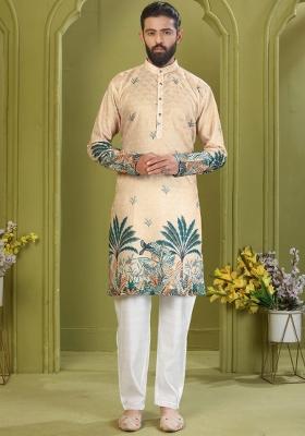 Beige Embroidered Rayon Kurta With Pyjama For Men